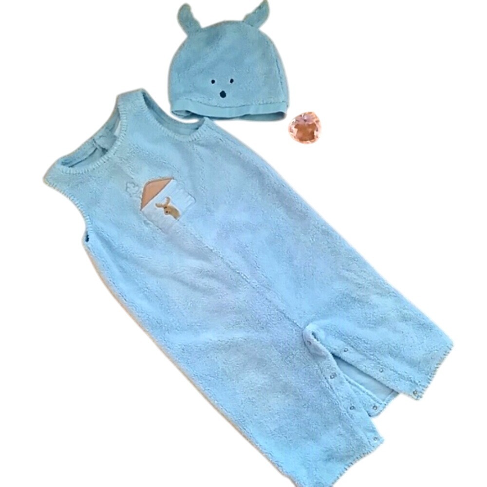 Boutique Boys Blue Fuzzy Embroidered Moose Outfit with Romper and Hat Size 18M